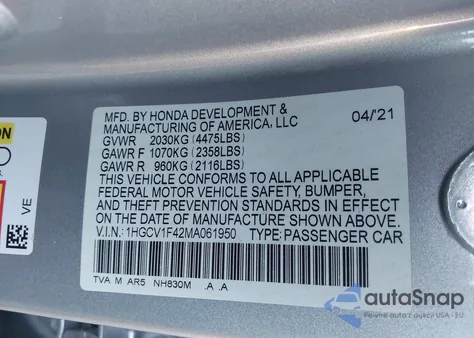 2021 Honda Accord Sport Special Edition from USA, damaged, VIN 1HGCV1F42MA061950